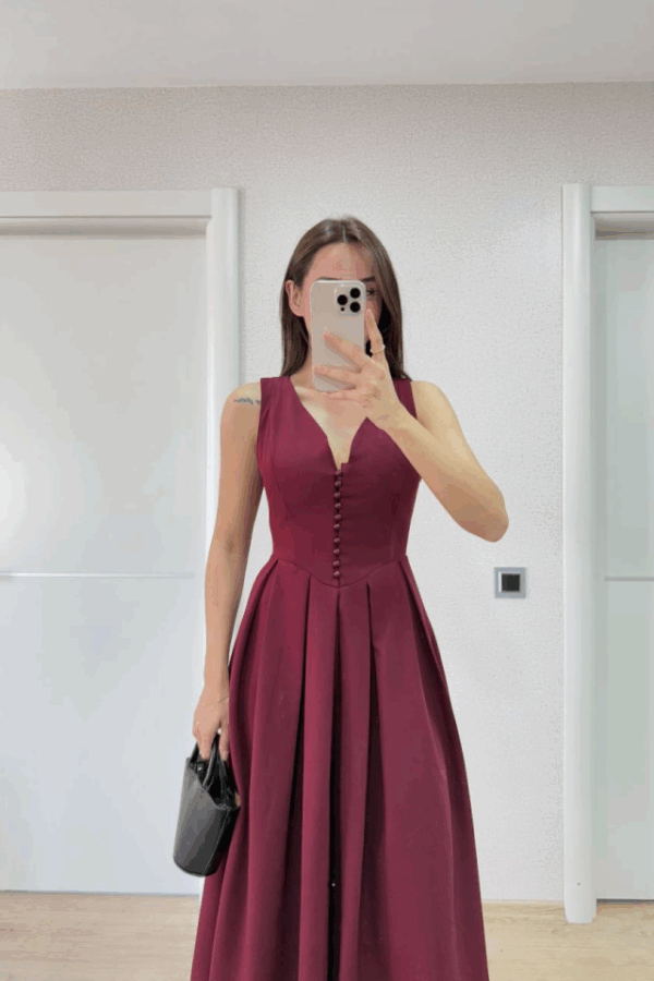 V Yaka Uzun Kolsuz Elbise- Bordo