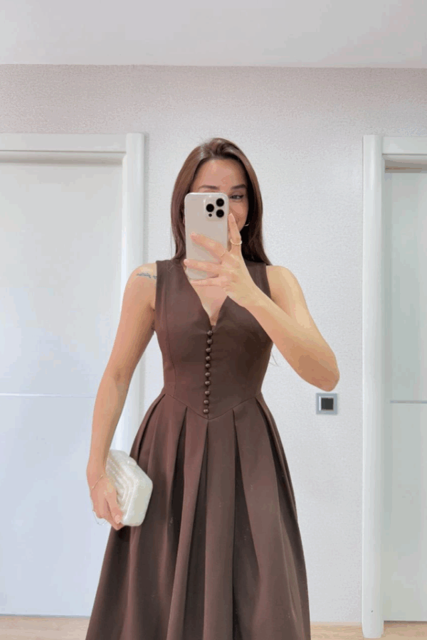 V Yaka Uzun Kolsuz Elbise- Kahverengi