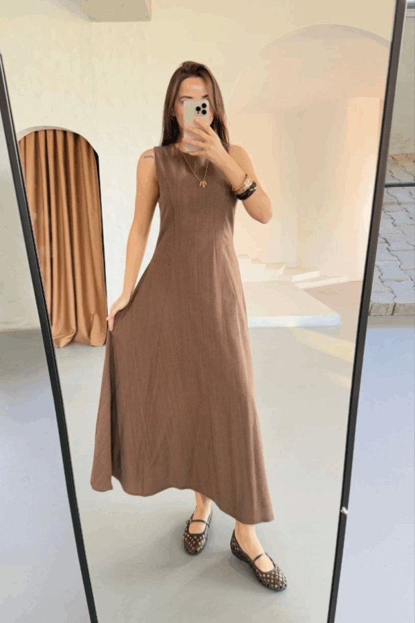 Keten Uzun Kolsuz Elbise- Kahverengi