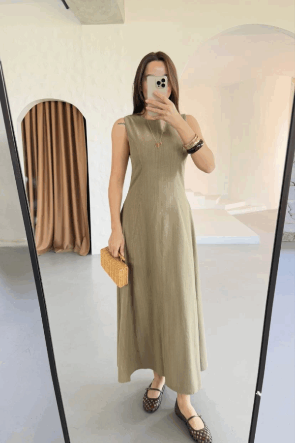 Keten Uzun Kolsuz Elbise- Haki