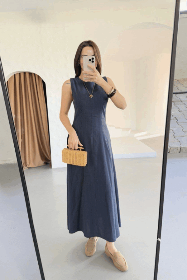 Keten Uzun Kolsuz Elbise- Mavi