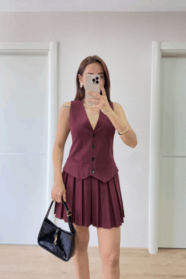 Takım Görünümlu Yelekli Mini Elbise- Bordo