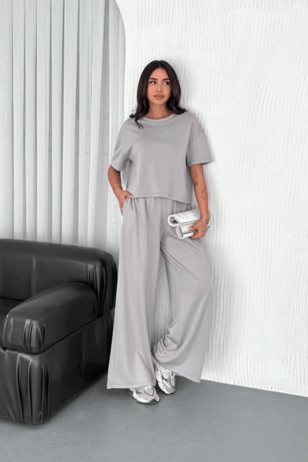 Osy Modal Yumuşak Dokulu Kumaş Bisiklet Yaka T-shirt  Bol Paça Pantalon Ikili Takım - Boyalı Gri