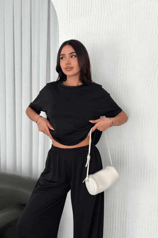 Osy Modal Yumuşak Dokulu Kumaş Bisiklet Yaka T-shirt Bol Paça Pantalon Ikili Takım -Siyah