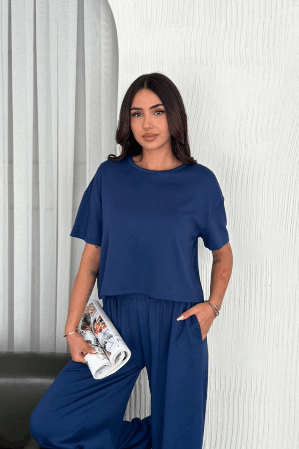 Osy Modal Yumuşak Dokulu Kumaş Bisiklet Yaka T-shirt Bol Paça Pantalon Ikili Takım -Saks Mavi