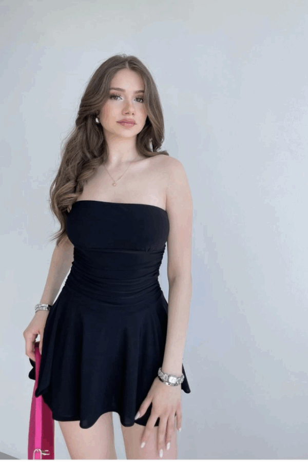 Straplez Sandy Kumaş Şortlu Prenses Etek Mini Klos Elbise- Siyah