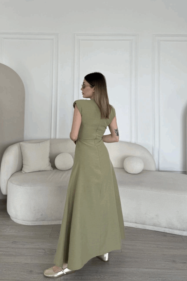 Keten Yandan Yırtmaçlı Uzun Sıfır Kolsuz Elbise - Yeşil