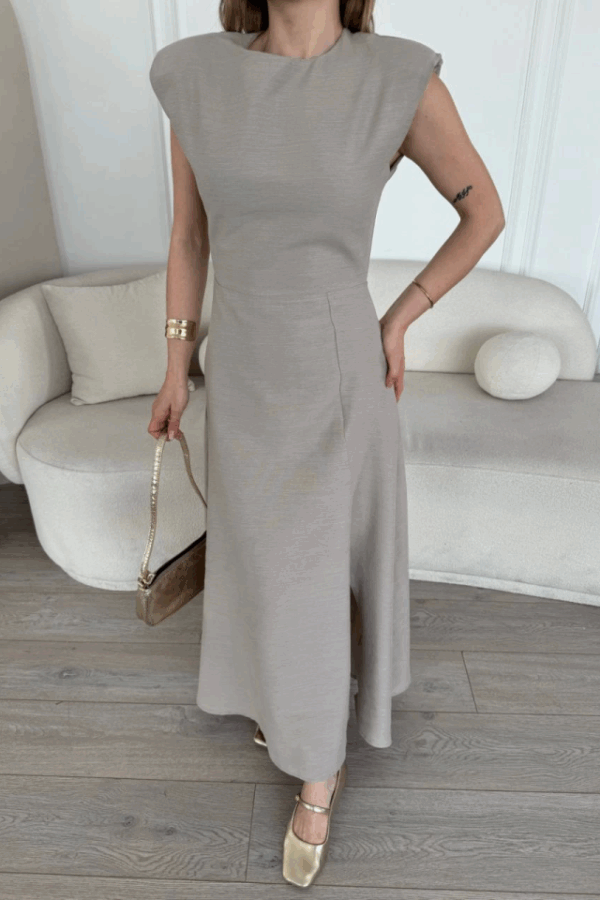 Keten Yandan Yırtmaçlı Uzun Sıfır Kolsuz Elbise - Gri