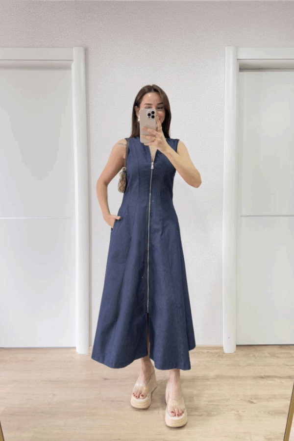 Jeans Kot Önü Tam Fermuarlı Uzun Elbise - Mavi