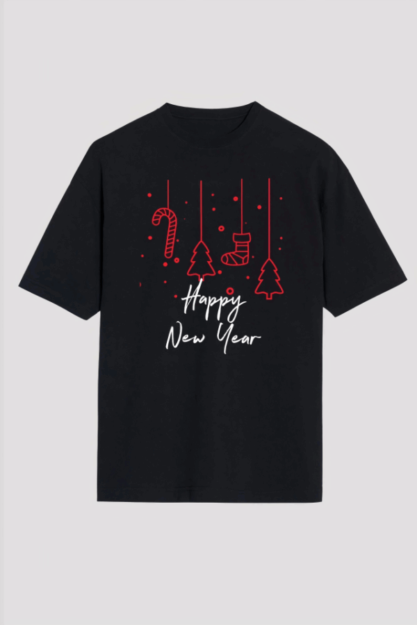 Happy New Year Baskılı T-shirt - Siyah
