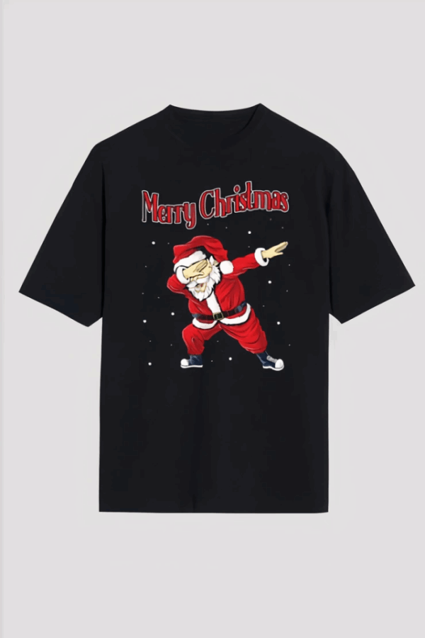 Merry Christmas Baskılı Noel Babalı T-shirt - Siyah