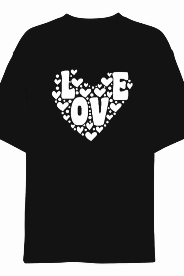 Sevgililer Günü İçin Özel Tasarım Love Kalp Baskılı T-shirt - Siyah