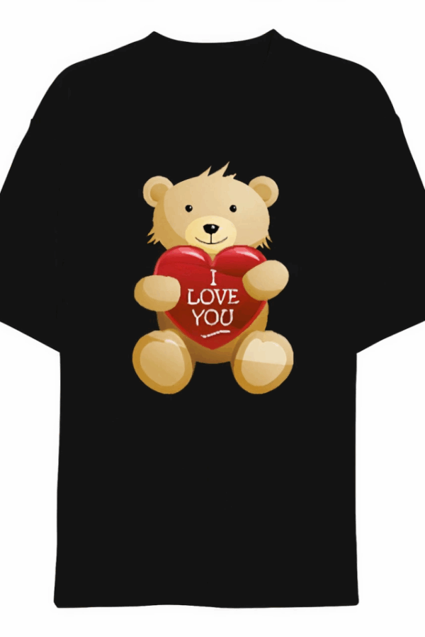 Sevgililer Günü İçin Özel Tasarım I Love You Ayı Baskılı T-shirt - Siyah