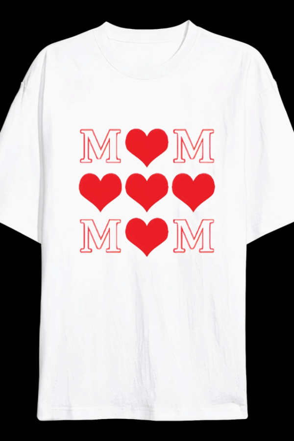 Anneler Gününe Özel Tasarım MOM Kalp Baskılı T-shirt - Beyaz