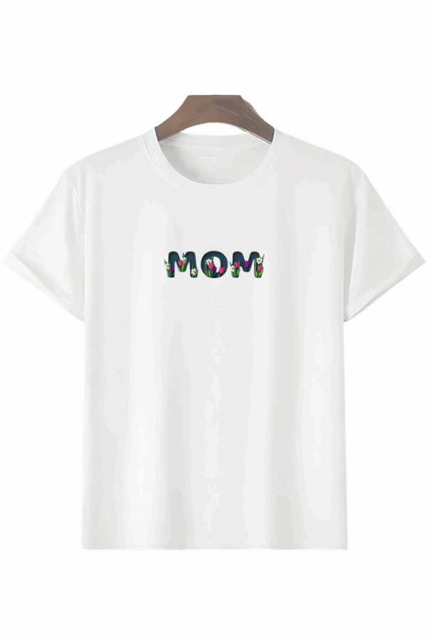 Anneler Gününe Özel Tasarım Mom Çiçek Baskılı T-shirt - Beyaz