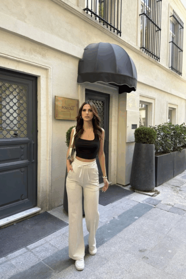 Su Yolu Çizgili Kolay Kombinle Ne Bilir Cepli Pantolon - Bej