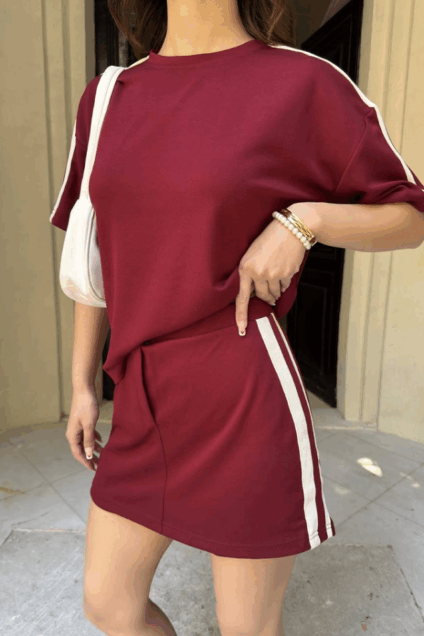 Osy Modal Yumuşak Dokulu Kumaş Parçalı Bisiklet Yaka T-shirt Mini Şortlu Etek İkili Takım -Bordo