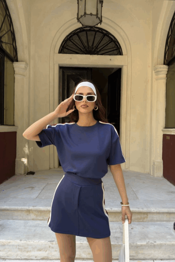 Osy Modal Yumuşak Dokulu Kumaş Parçalı Bisiklet Yaka T-shirt Mini Şortlu Etek İkili Takım -Lacivert