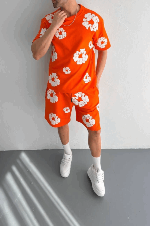 İki İplik Kumaş Baskılı T-shirt Şortlu Takım- Turuncu