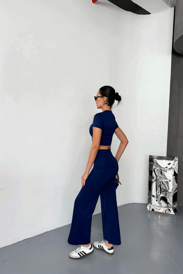 Osy Modal Yumuşak Dokulu Kumaş Kısa Kollu Crop Alt Ispanyol Paça Pantalon Ikili Takım - Lacivert