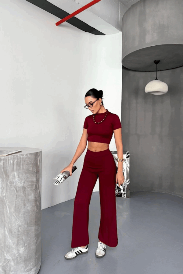 Osy Modal Yumuşak Dokulu Kumaş Kısa Kollu Crop Alt Ispanyol Paça Pantalon Ikili Takım - Bordo