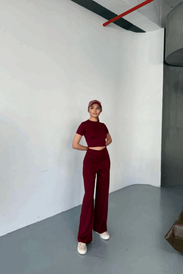 Osy Modal Yumuşak Dokulu Kumaş Kısa Kollu Crop Rahat Pantalon Ikili Takım - Bordo