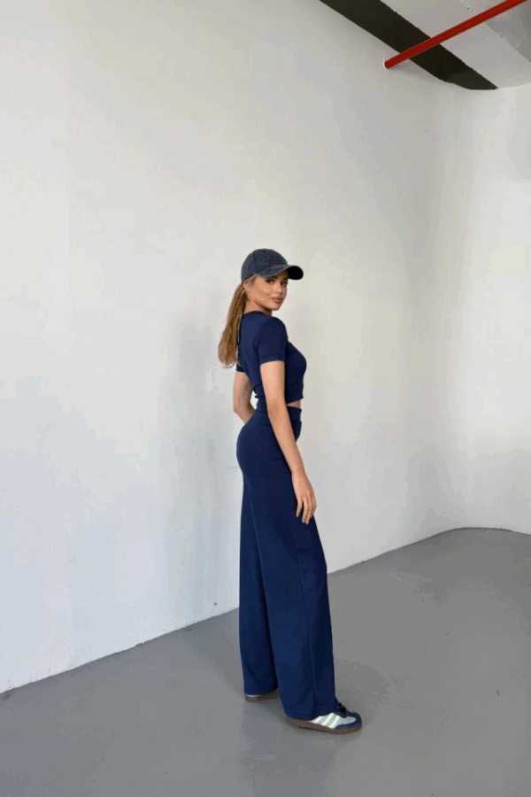 Osy Modal Yumuşak Dokulu Kumaş Kısa Kollu Crop Rahat Pantalon Ikili Takım - Lacivert