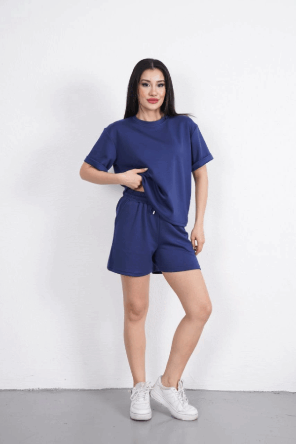 Osy Modal Yumuşak Dokulu Kumaş Bisiklet Yaka T-shirt Kısa Şort İkili Takım - Mavi