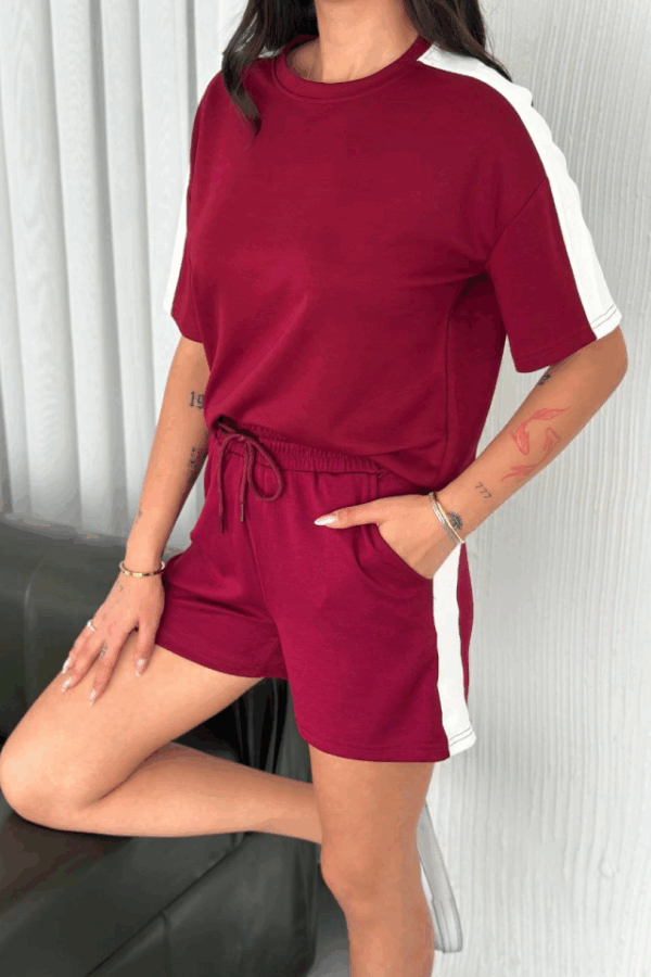 Osy Modal Yumuşak Dokulu Kumaş Parçalı Bisiklet Yaka T-shirt Kısa Şort İkili Takım -  Bordo