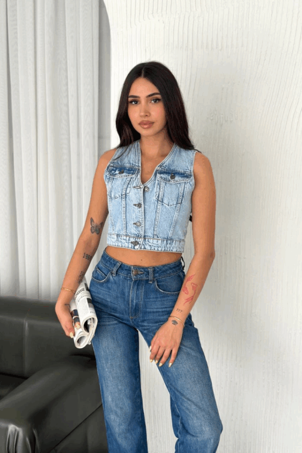 Kot Jeans Yelek - Buz Mavisi