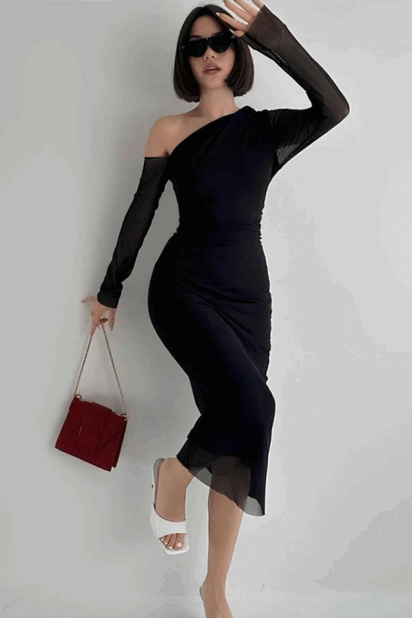 Omuz Asimetrik Detaylı Uzun Şifon Elbise - Siyah