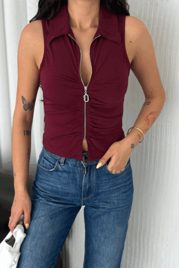 Yakalı Tam Fermuarlı Kolsuz Bluz - Bordo