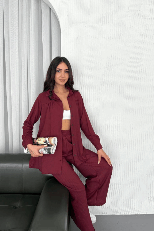 Yakalı Düğmeli Uzun Kollu Gömlek Pantolon Ikili Takım - Bordo