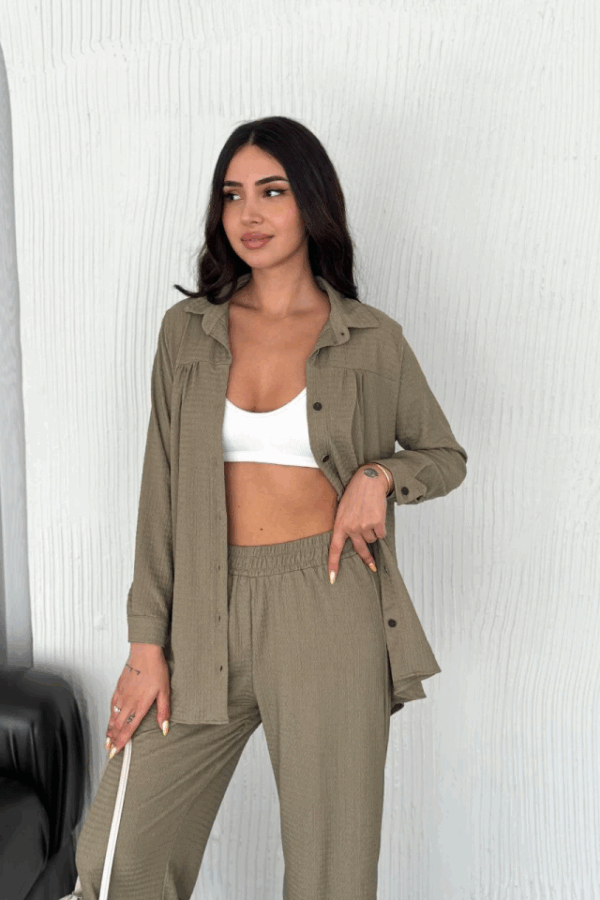 Yakalı Düğmeli Uzun Kollu Gömlek Pantolon Ikili Takım - Bej