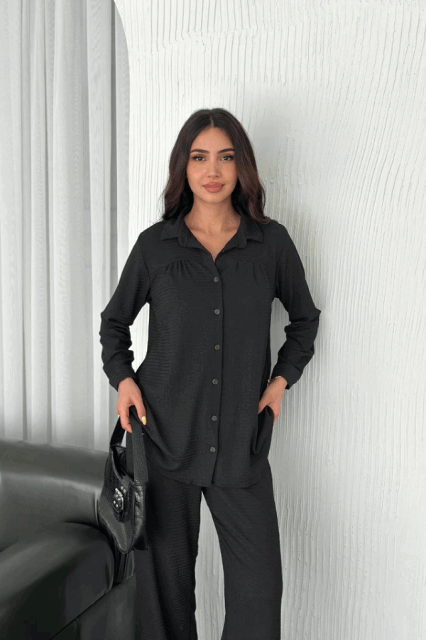 Yakalı Düğmeli Uzun Kollu Gömlek Pantolon Ikili Takım - Siyah