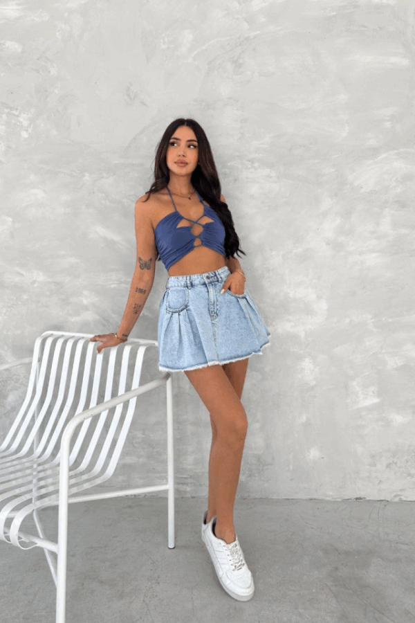 Kot Jeans Kesimetrik Kesim Cepli Şortlu Etek - Mavi
