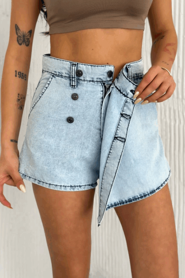 Kot Jeans Kesimetrik Kesim Cepli Şortlu Etek - Gri