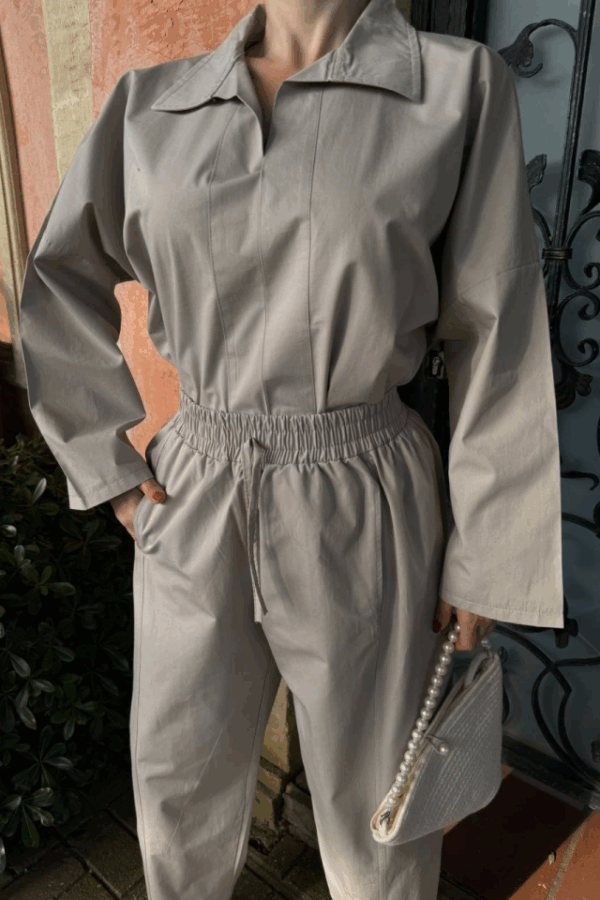 Uzun Kollu Yakalı Gömlek Pantalon Takım- Gri