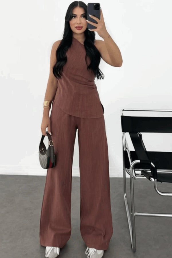 Keten Asimetrik Tek Omuzlu Bluz Pantalon Takım- Bordo