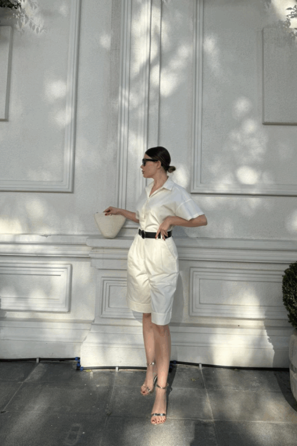 Yakalı Gömlek Kemerli Şortlu Takım - Beyaz