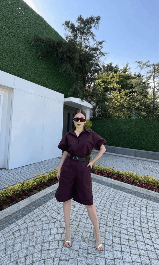 Yakalı Gömlek Kemerli Şortlu Takım - Bordo