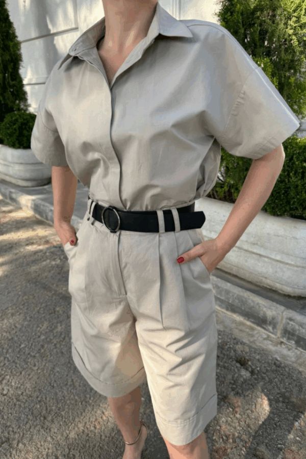 Yakalı Gömlek Kemerli Şortlu Takım - Gri