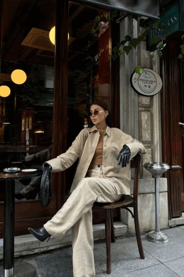 Süet Gömlek Palazzo Pantolon İkili Takım - Bej