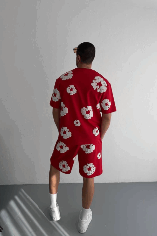 İki İplik Kumaş Baskılı T-shirt Şortlu Takım- Kırmızı