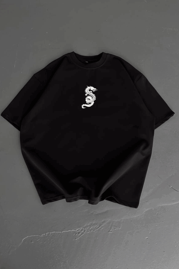 Baskılı Oversize Bisiklet Yaka T-shirt - Siyah