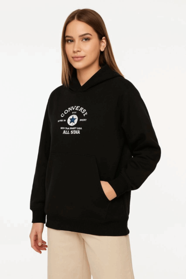 Üç İplik Kapşonlu ön Ve Arka Baskılı SweatShirt Hoodie- Siyah