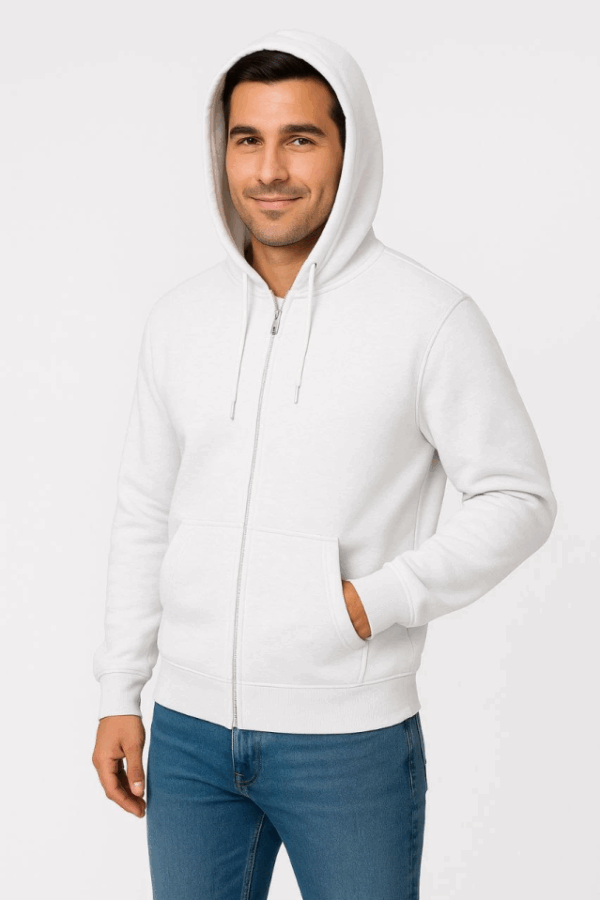 Erkek Üç İplik Kapüşonlu Tam Fermuarlı Kanguru Çepli SweatShirt Hoodie - Beyaz