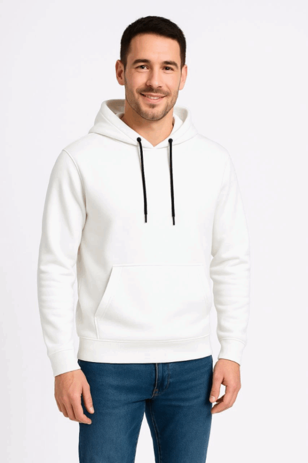 Erkek Üç İplik Kapüşonlu Kanguru Cepli SweatShirt Hoodie - Beyaz