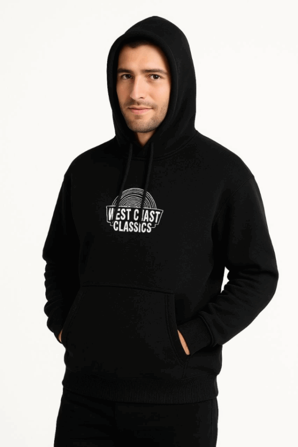Erkek Üç İplik Kapüşonlu Ön Ve Arka Baskılı SweatShirt Hoodie - Siyah