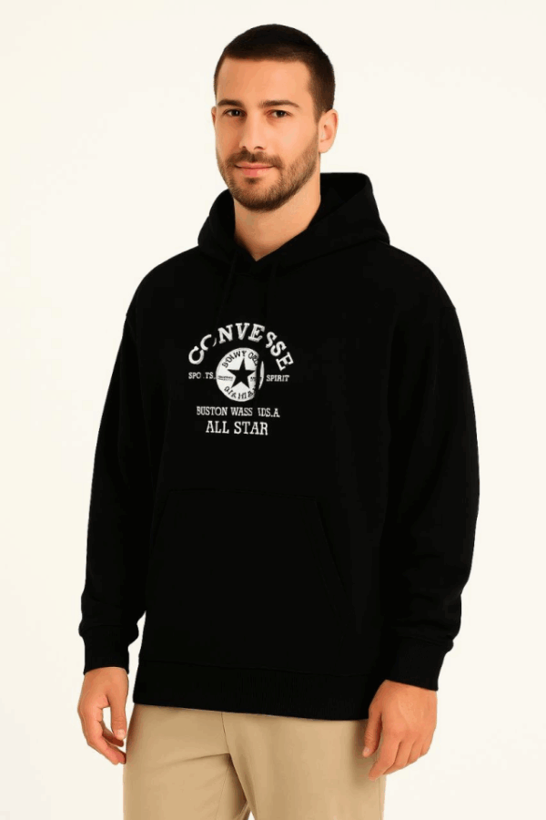 Üç İplik Kapşonlu ön Ve Arka Baskılı SweatShirt Hoodie- Siyah